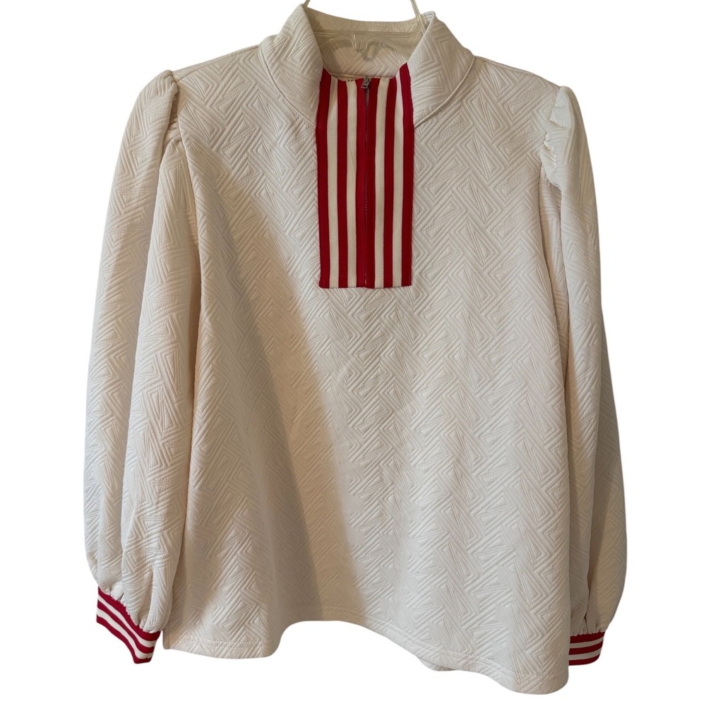 Jodifl Womens Cream Red Striped Textured Puff Sleeve Quarter Zip Top B12692 S
